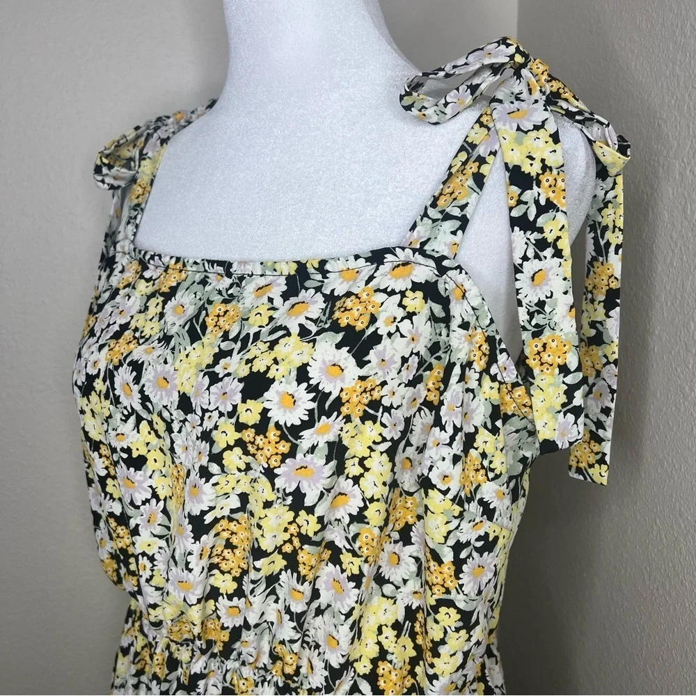 Social Standard by Sanctuary Black Yellow Floral Shoulder Tie Smocked Midi Dress - Picture 6 of 13